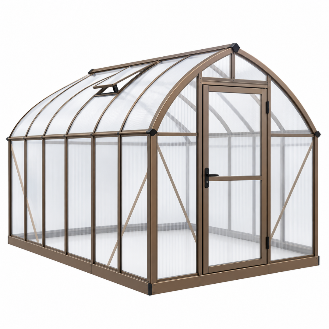 Gewächshaus 244 x 185 x 208 cm Aluminium Polycarbonat Braun mit Tür und Dachfenster
