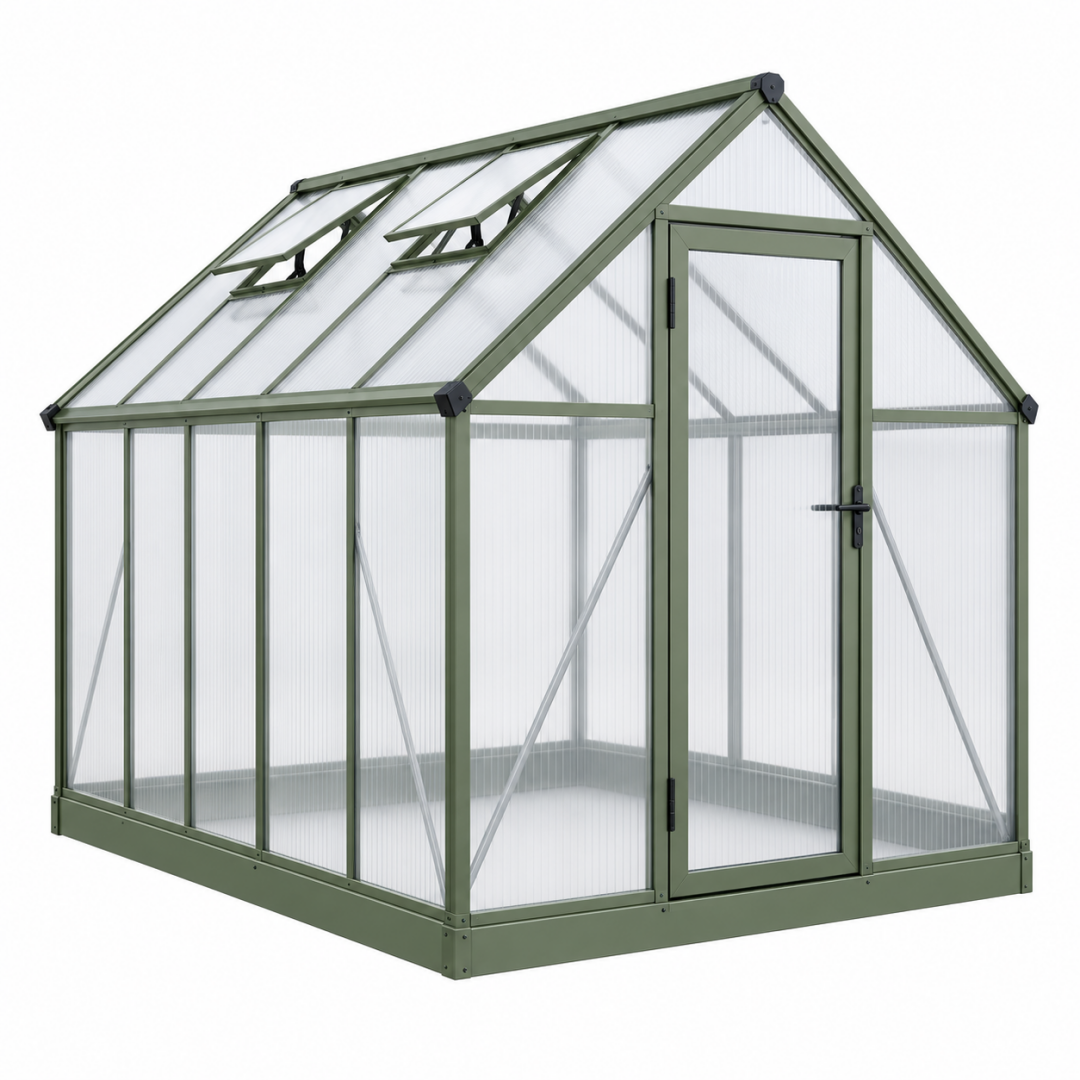 Gewächshaus 190 x 190 x 195 cm Aluminium Polycarbonat Grün mit Tür und Dachfenstern