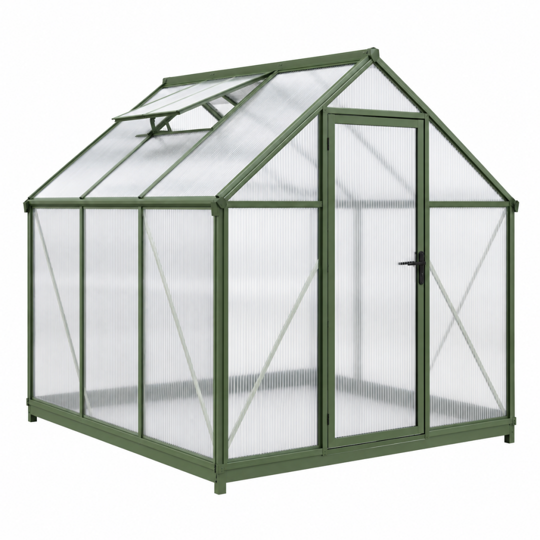 Gewächshaus 190 x 190 x 195 cm Aluminium Polycarbonat Grün mit Dachfenster