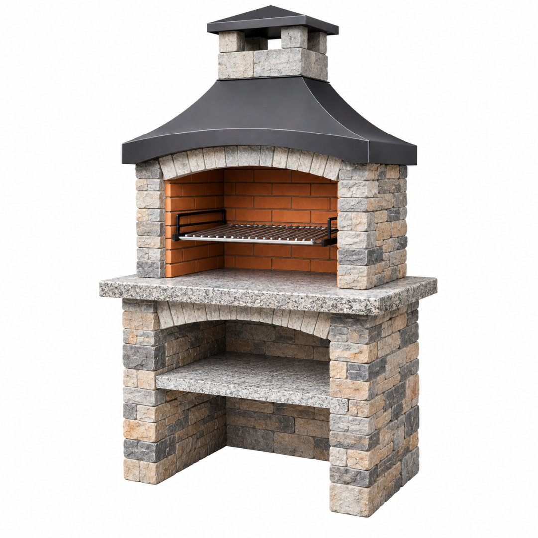 Gartengrill 120 x 80 x 220 cm Naturstein Grau mit Grillrost und Kaminhaube