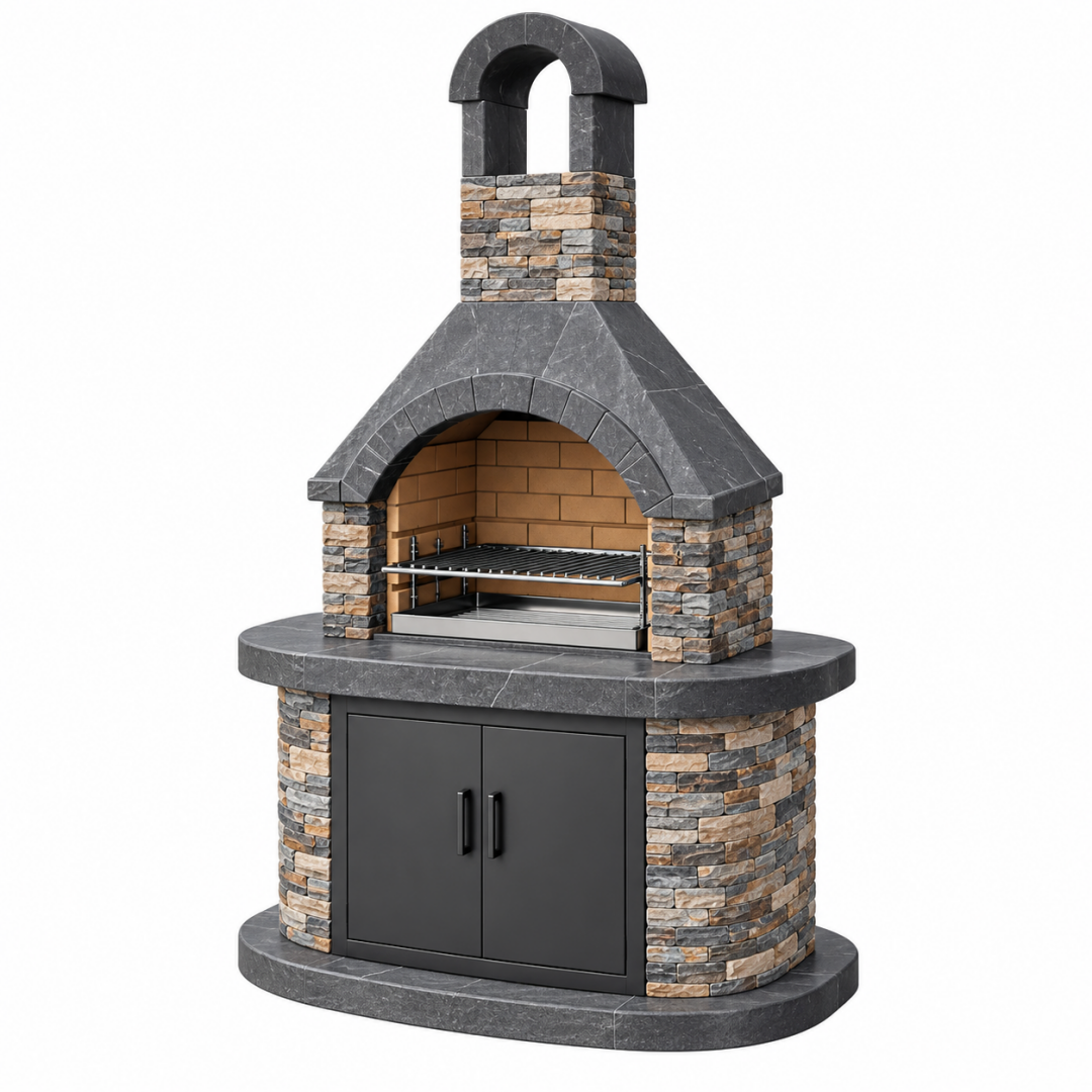 Grillkamin 120 x 70 x 210 cm aus Stein und Stahl grau für den Außenbereich