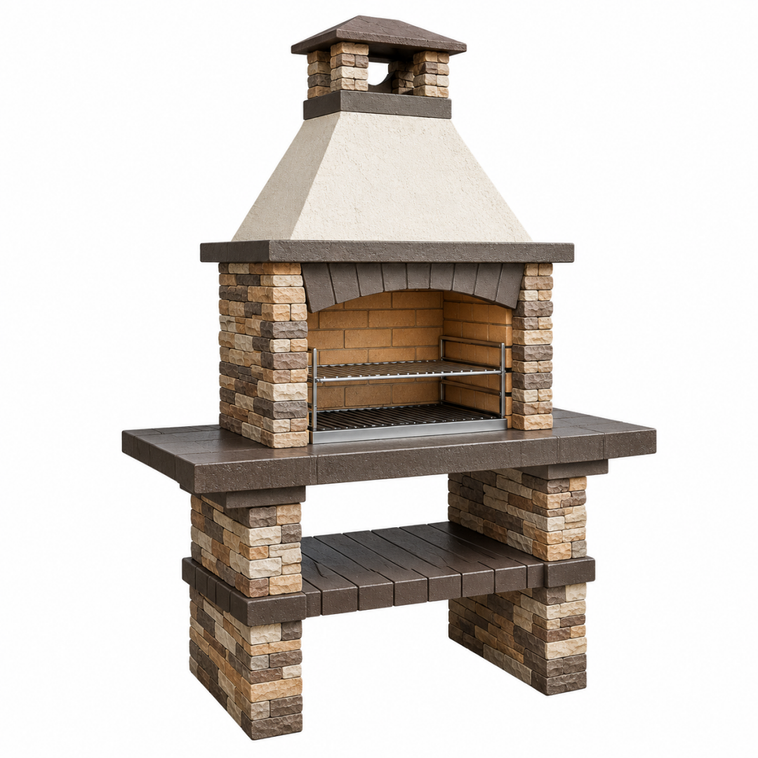 Gartengrill 120 x 70 x 220 cm aus Stein und Beton Braun Beige mit Kamin und Grillrost