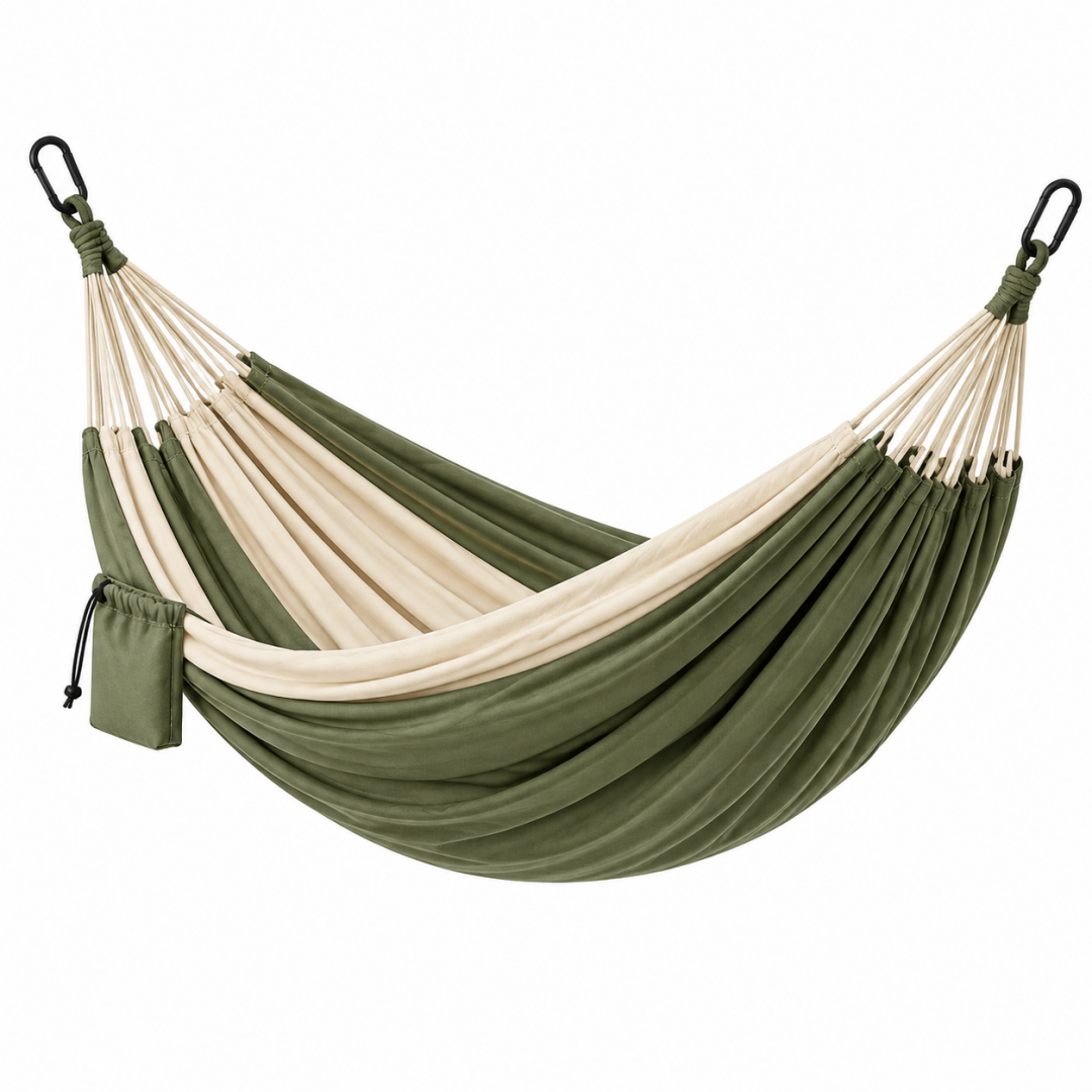 Hängematte 270 x 150 cm aus Textil in Olivgrün und Creme - mit Karabinern für Garten und Camping