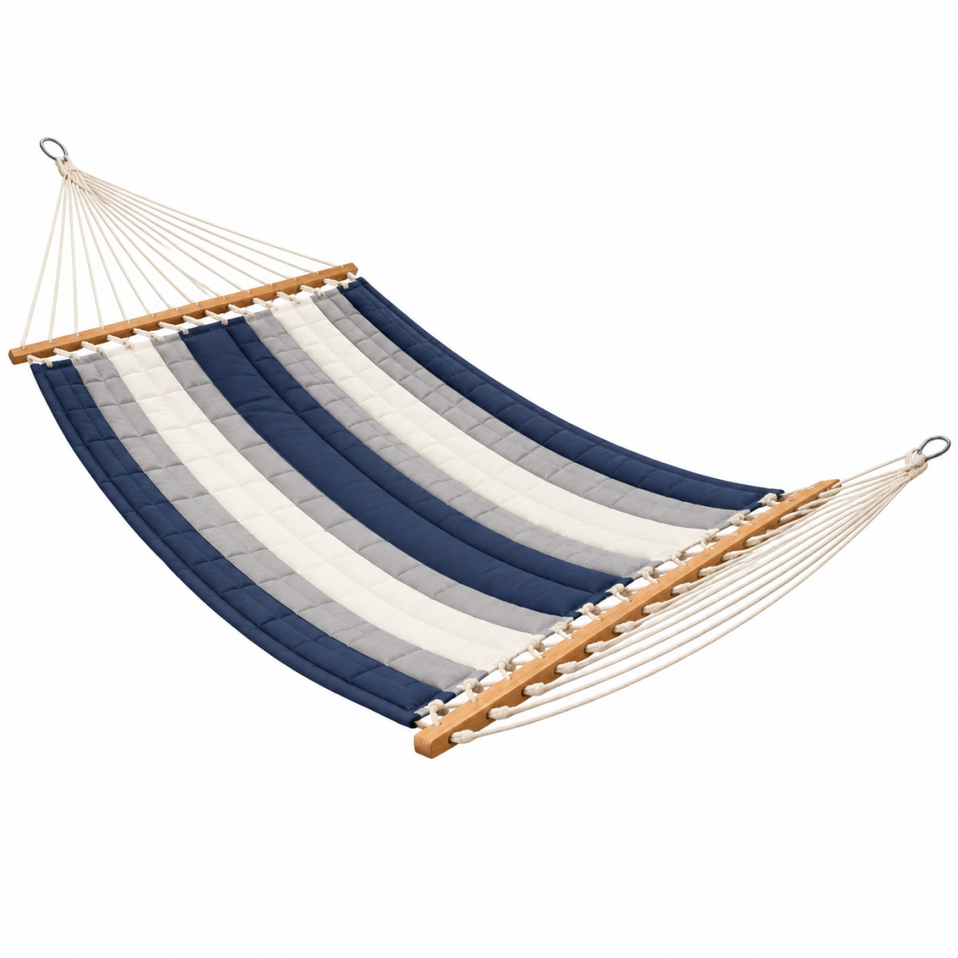 Hängematte 200 x 120 cm aus Textil in Blau Grau Weiß mit Holzspreizstäben