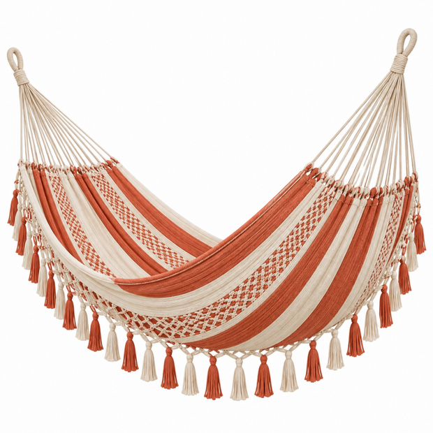Hängematte 300 x 150 cm aus Baumwolle Terrakotta Creme Boho mit Quasten