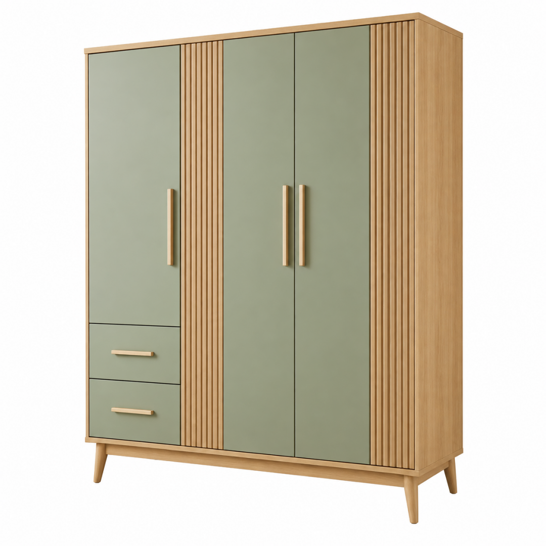 Kleiderschrank 120 x 55 x 190 cm Holzwerkstoff Salbeigrün Naturholz mit 3 Türen 2 Schubladen im skandinavischen Stil