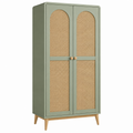 Kleiderschrank 90 x 45 x 180 cm aus Holz in Salbeigrün mit Rattangeflecht und 2 Türen