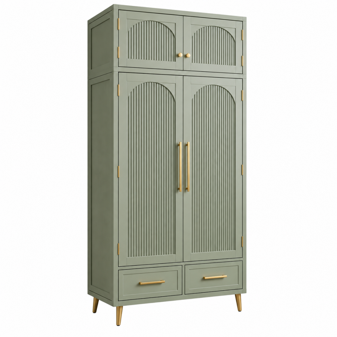 Kleiderschrank 100 x 55 x 200 cm Holzwerkstoff Salbeigrün mit 4 Türen 2 Schubladen im Retro Stil
