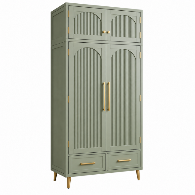 Kleiderschrank 100 x 55 x 200 cm Holzwerkstoff Salbeigrün mit 4 Türen 2 Schubladen im Retro Stil