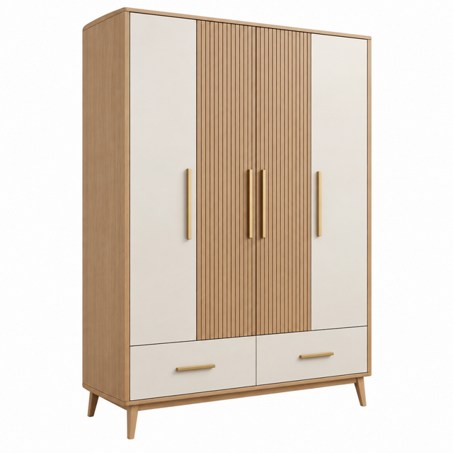 Kleiderschrank 160 x 55 x 200 cm Holzwerkstoff Weiß/Naturholz mit 4 Türen und 2 Schubladen
