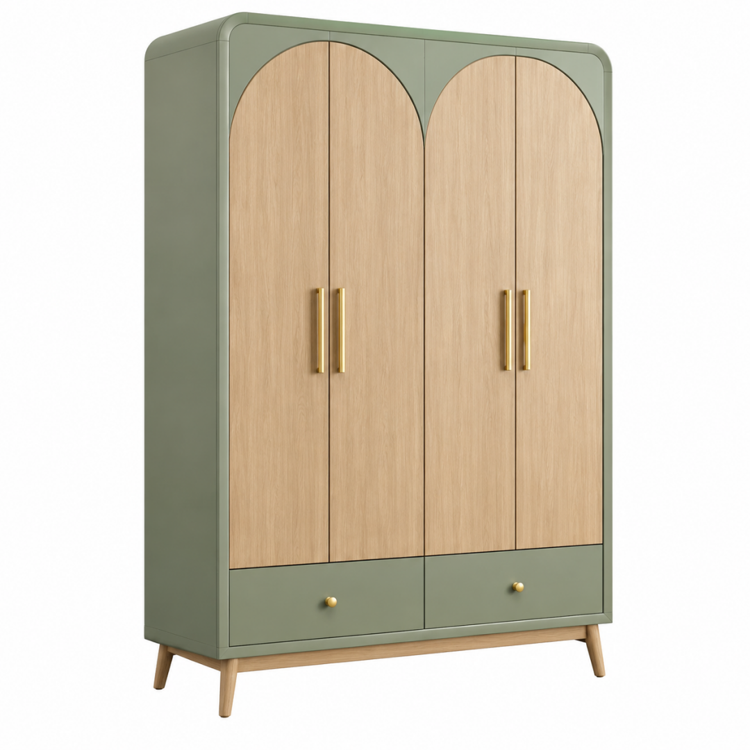 Kleiderschrank 120 x 55 x 190 cm Holzwerkstoff Grün Naturholz Retro-Stil mit 4 Türen und 2 Schubladen