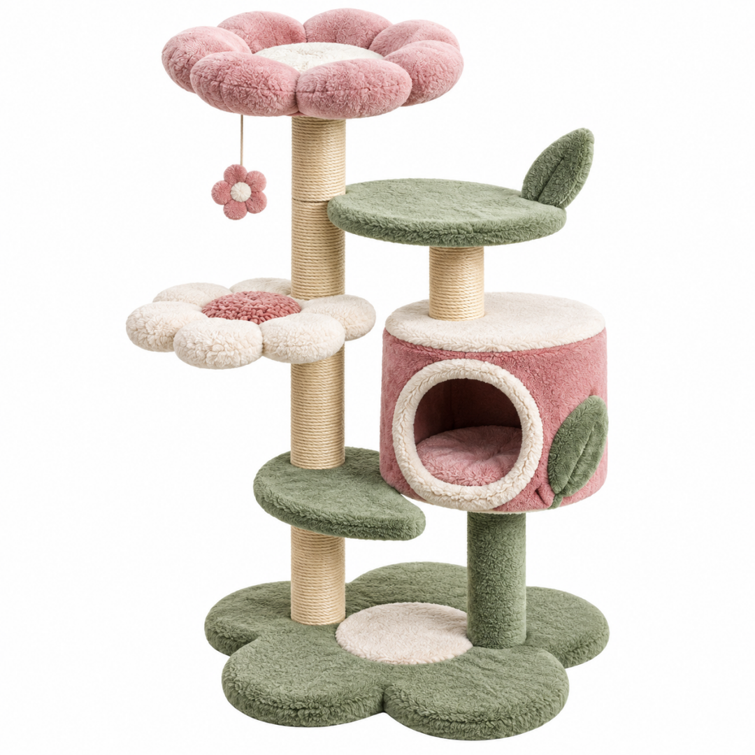 Katzenkratzbaum 60 x 60 x 150 cm Plüsch Sisal Rosa Grün Creme mit Höhle Liegeflächen und Spielzeug