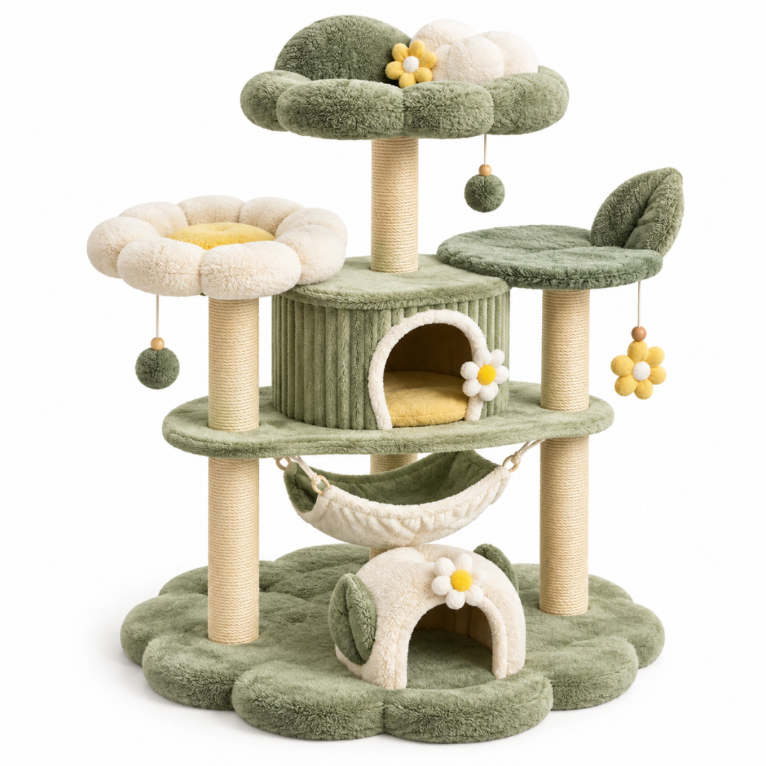 Kratzbaum 65 x 60 x 135 cm aus Plüsch und Sisal Grün Creme mit Höhlen Hängematte und Liegeflächen