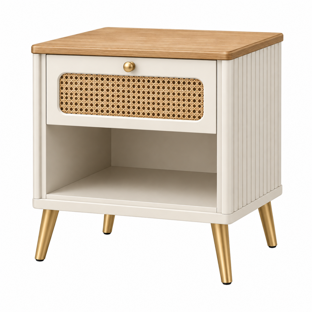 Nachttisch 45 x 40 x 55 cm aus Holzwerkstoff in Creme mit Holzplatte und Schublade im Retro-Stil