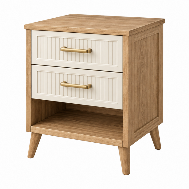 Nachttisch 50 x 40 x 60 cm aus Holzwerkstoff in Naturweiß mit 2 Schubladen und offenem Fach