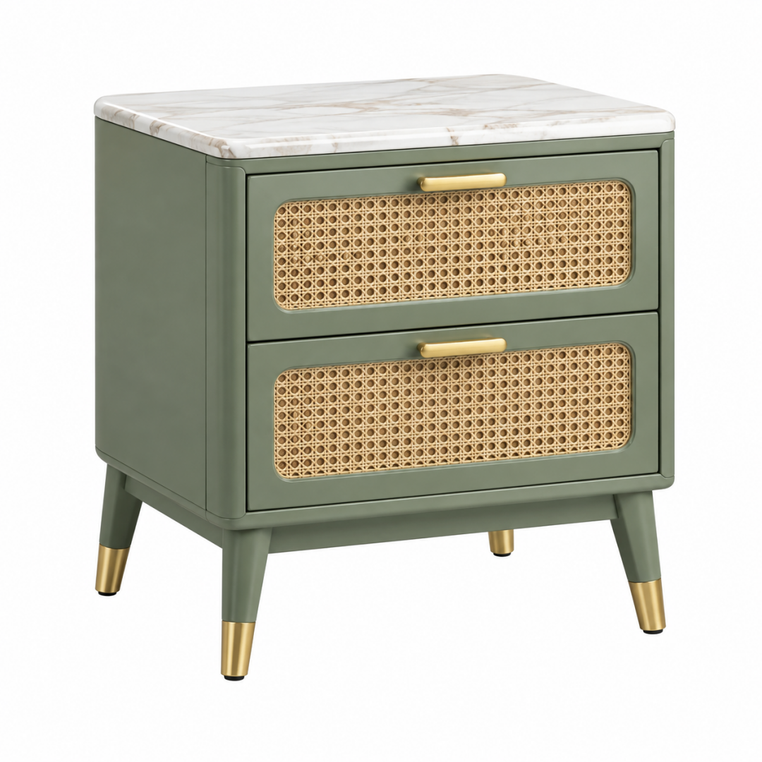 Nachttisch 50 x 40 x 60 cm Grün mit Rattanfront und Marmoroptikplatte
